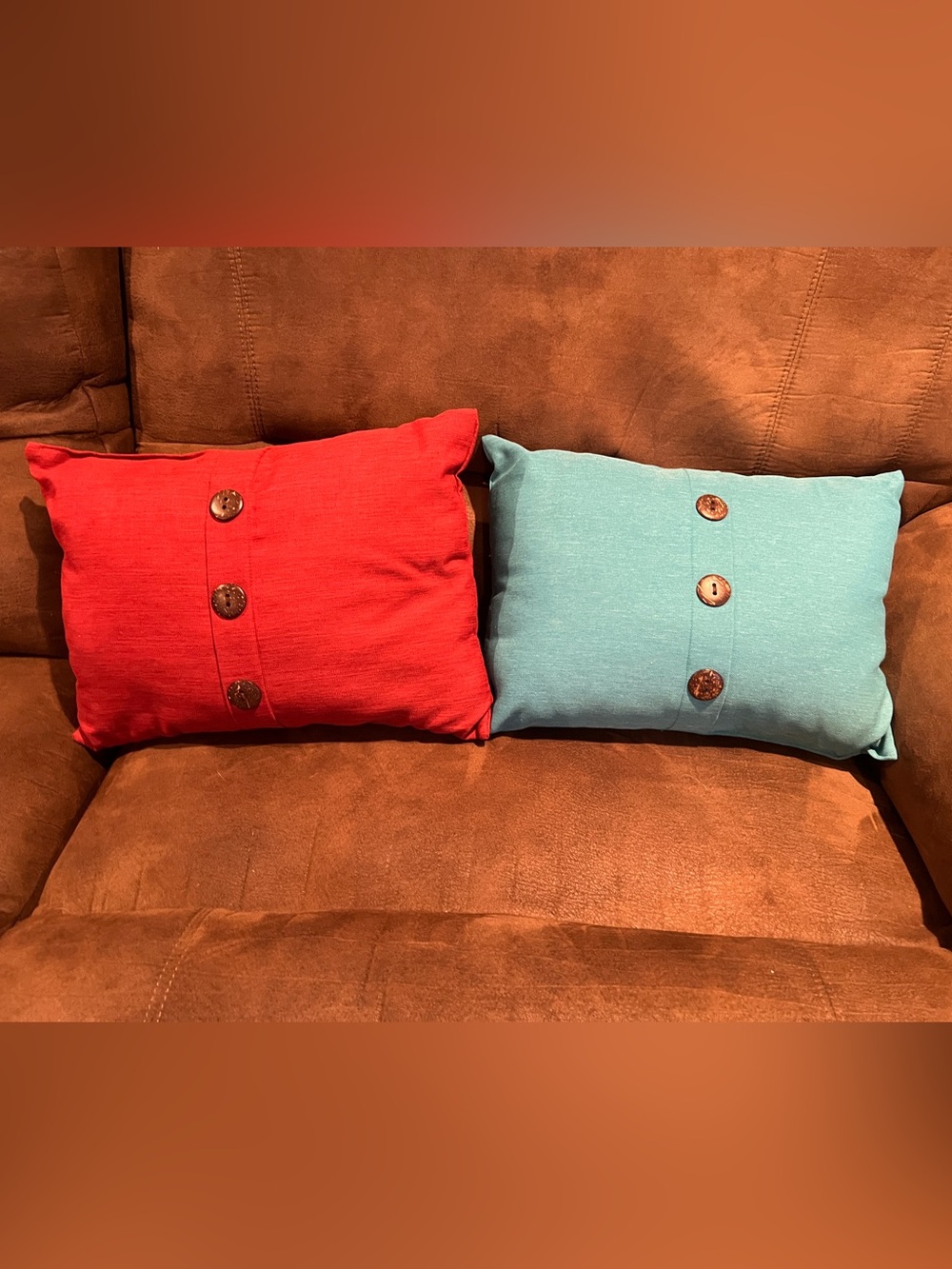 12” x 18” Envelope Pillow with 3 Wood Buttons-Red and Teal, textured